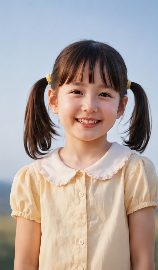 양갈래 머리를 하고 웃고 있는 초등학생 아이